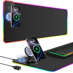 RGB Gaming Mouse Pad Wireless Charging Desk Mat With Foldable Phone Stand