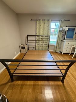 Crate n Barrel iron sleigh Queen bed frame