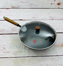 New 12.6’’ Carbon Steel Wok Set Glass Lid Flat Bottom Wok Cooking Pan