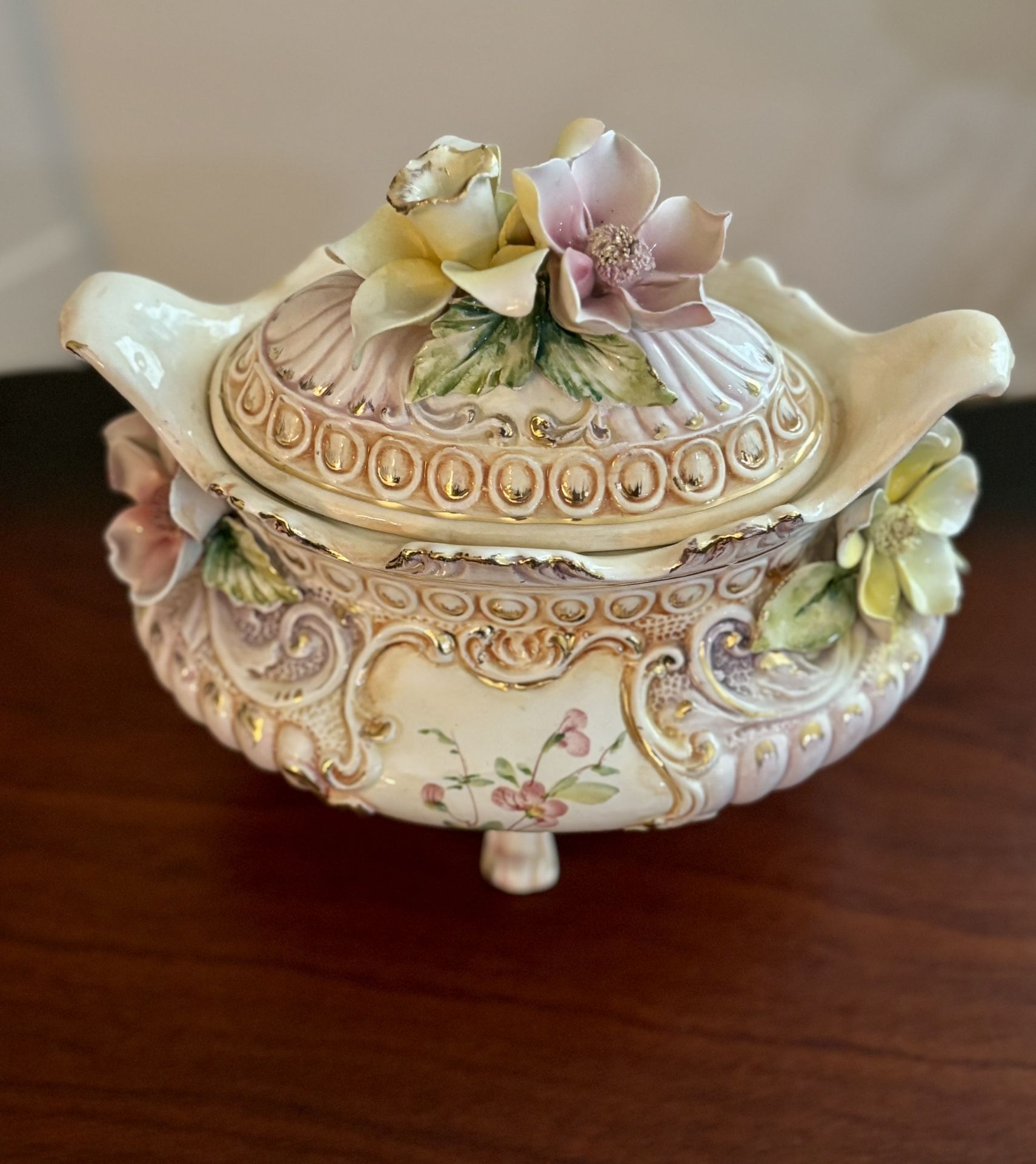 Vintage Italian Ceramic Soup Tureen with Hand-Applied Flowers
