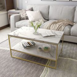 White Marble Print Coffee Table with Gold Metal Legs