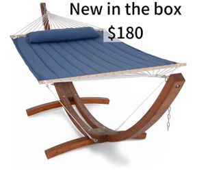 😁 Hammocks Double Hammock with 13.5 ft Wooden Stand Included, Outdoor Hammocks for Outside, 475 lbs Capacity, Navy, new in the box