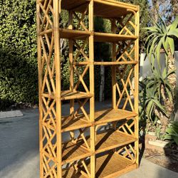 Mid Century Boho Rattan Bamboo Wall Unit Book Shelf Cabinet Etagere