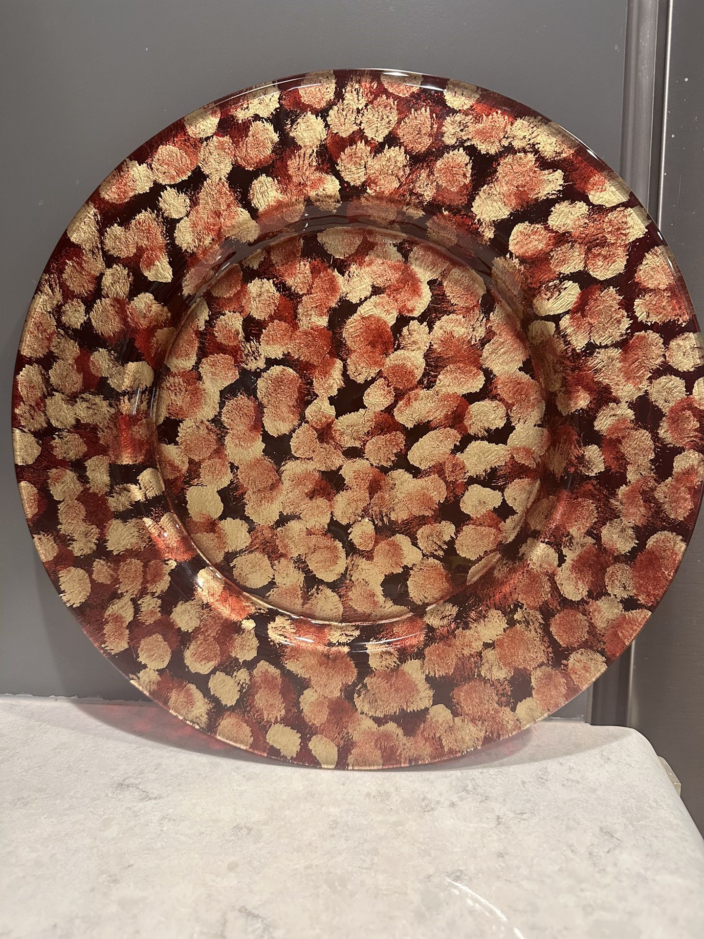 Vintage Hand Painted 13" Dish Red/Gold Glass