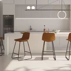 24 in. Whiskey Brown Faux Leather Bar Stool Metal Frame Counter Height Bar Stools Set of 4