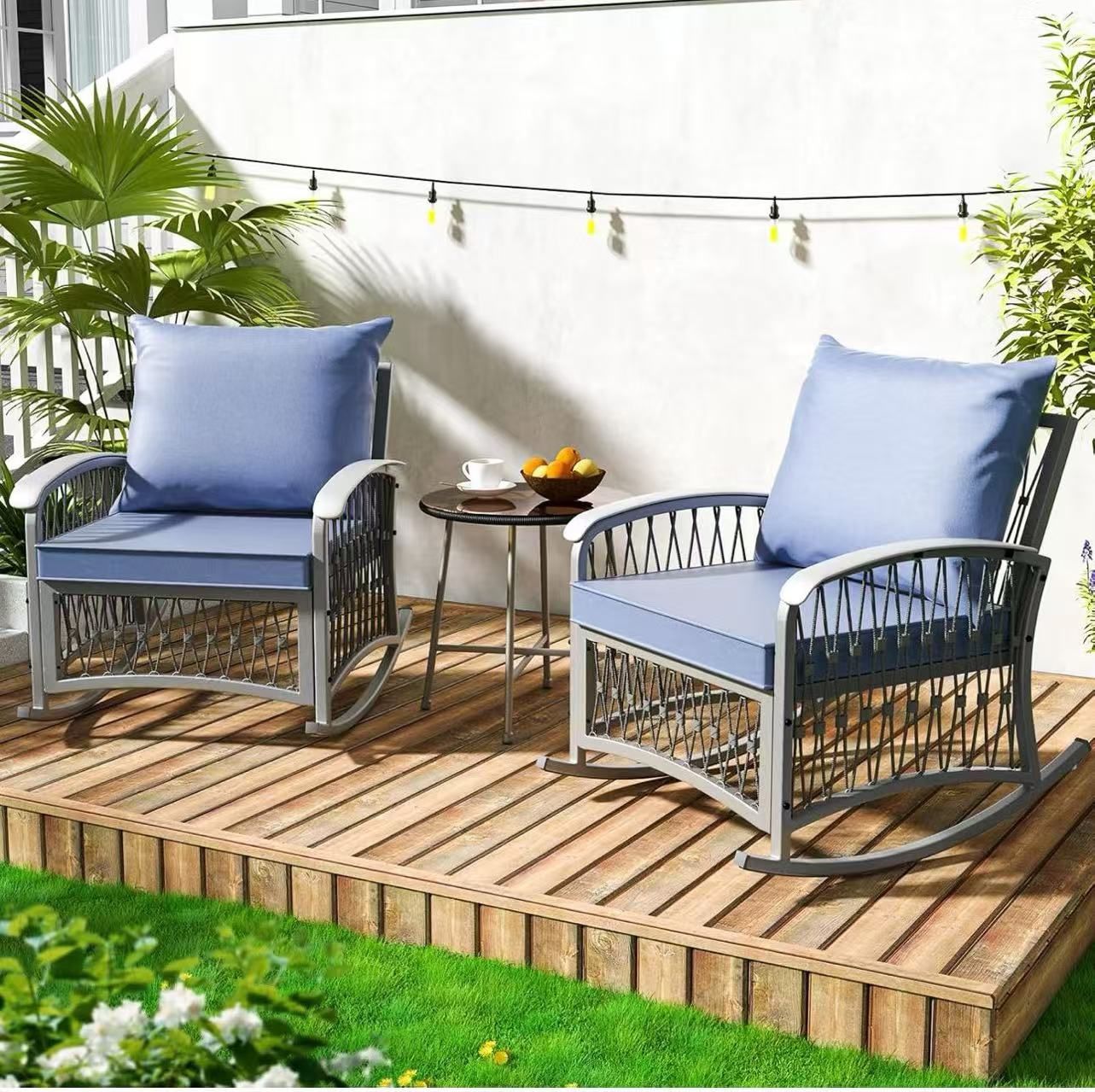 ❤️ 3 PCS Outdoor Rocking Chairs Patio Bistro Set with Glass Table Morden Braid Design Patio Furniture with 4 Inch Cushions