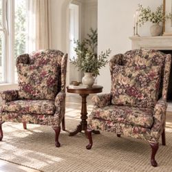 Vintage Floral Upholstered Wingback Armchairs – Set of 2