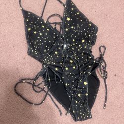 New large black star one piece Swimsuit bodysuit goth festival rave outfit top