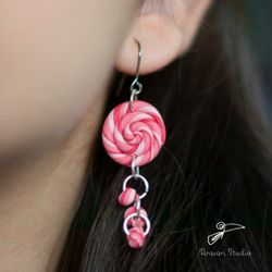 Pink Spiral Polymer Clay Earrings