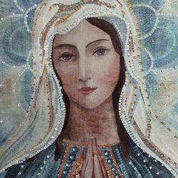 Beautiful canvas picture of the Virgin Mary with rhinestones