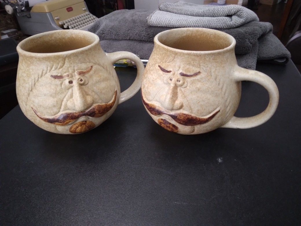 Vintage Pottery Craft USA 3D FACE Mustache Coffee  Mug Cups.