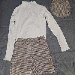 Girl's Houndstooth Print Shorts & Hat Set