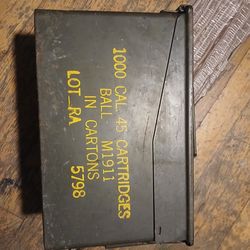 This item is a vintage military ammunition box designed to hold 1000 rounds of .45 caliber ball ammunition.