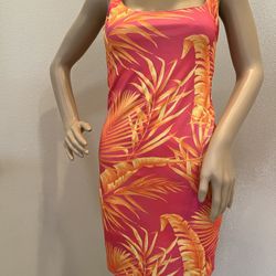 Tropical Orange Yellow Print Fitted Chain Strap Lined  Tank Dress
