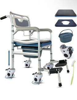 4-in-1 Floding Bedside Commode Chair, Rolling Shower Wheelchair with Arms, 4 Lockable Wheels, Detachable Bucket, Toilet Brush, Height Adjustable & Fli