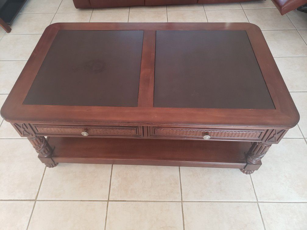 Large Wood Leather Coffee Table with 2 drawers and book shelf below