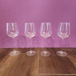 4 stemmed wine glass, wide, square-tapered bowl design, tall, slender stem, 10.5-inch height, modern aesthetic, premium flat-bottomed, great condition