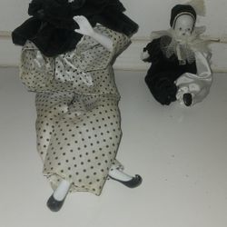 Two Vintage Harlequin Doll Moving And Play Music Dolls Hand Painted Bisque Porcelain