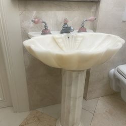 Vintage Carved Marble, Sherle Wagner Pedestal Sink — beautiful shell shaped appearance – NO FAUCET