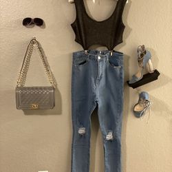 Suspender Crop Top | High Waist Skinny Denim Jeans