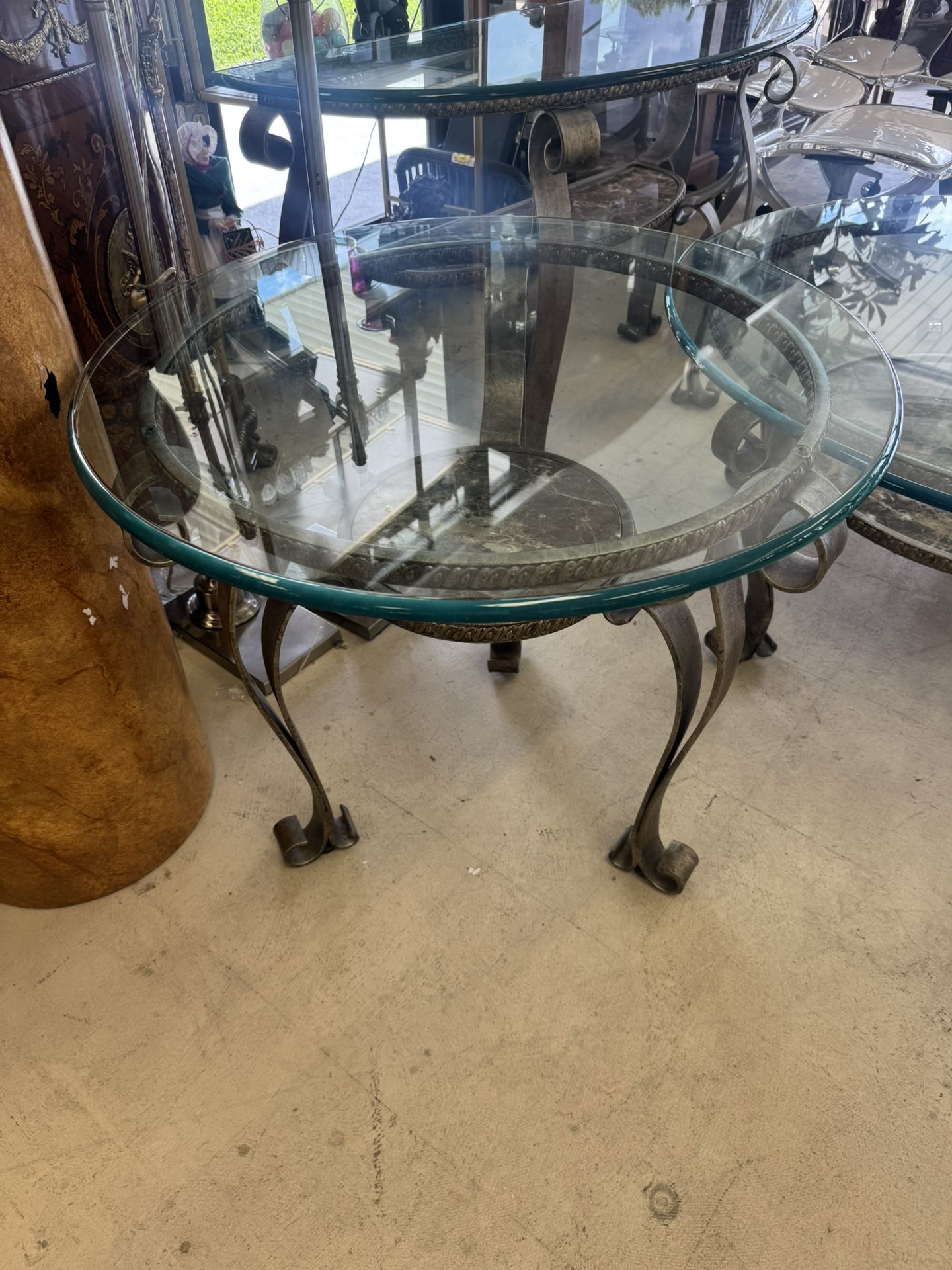 Round glass coffee table, Side Table & Console w/ a metal base & a marble stone shelf - Excellent Condition- Originally $1250
