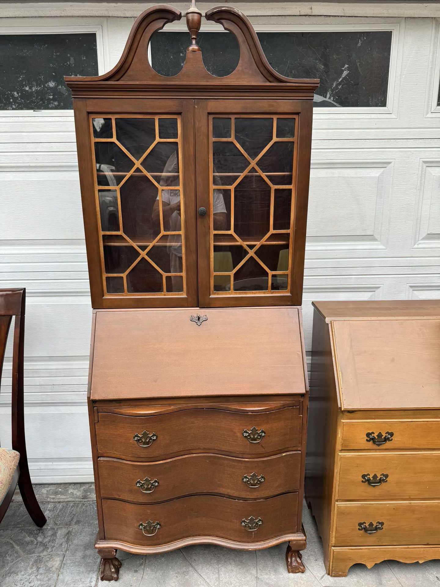 Antique 1940’s circa solid wood tall display curio cabinet secretary desk, 3-drawer dresser w/key  claw feet .