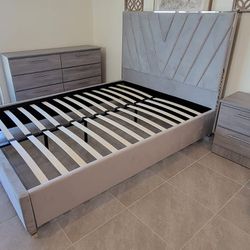 New Velvet Queen Platform Bed. Dresser. 1 Nightstand. Set Also Sold Separately. 3 Pieces