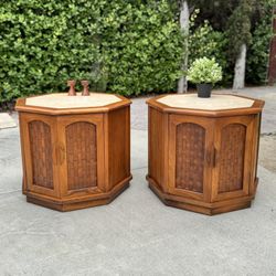 Mid Century Modern Pair (Set 2) Wood Marble End Side Table Nightstand