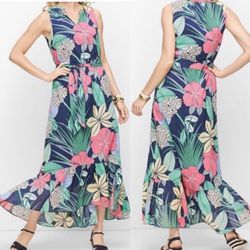 Talbots 2 Voile Hibiscus Sleeveless Floral  Ruffle Maxi Dress pink blue green