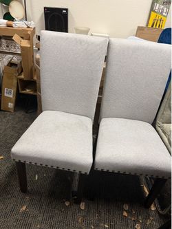 COLAMY Fabric Dining Chairs Set of 2, Parsons Chairs Upholstered Nailhead Dining Room Kitchen Chair with Thick Cushions and Wood Legs, Light Grey