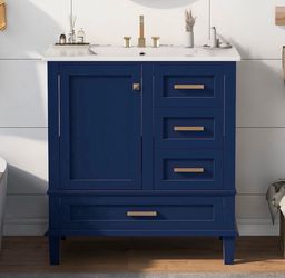 Bathroom Vanity, Modern Bathroom Cabinet with Sink Combo Set, Bathroom Storage Cabinet with a Soft Closing Door and 3 Drawers, Solid Wood Frame(Blue)