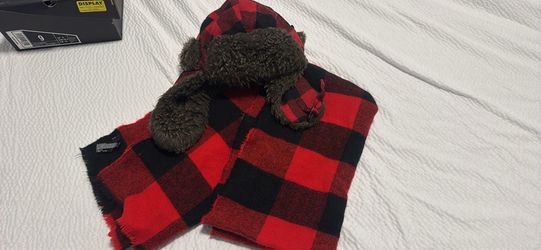 Red plaid hat and scarf set