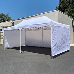 (NEW) $225 Heavy Duty 10x20 FT Canopy (with 4 Sidewalls) Ez Pop Up Outdoor Party Tent w/ Carry Bag (White/Blue)