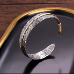 925 sterling silver women's Men's feather cuff Bracelet Gift