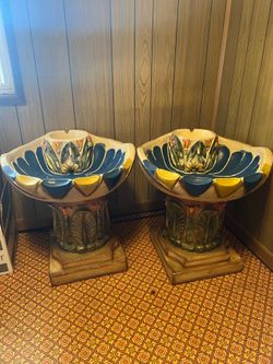Vintage Ceramic Bird Bath / Pedestal / Plant Stand (Set of 2)