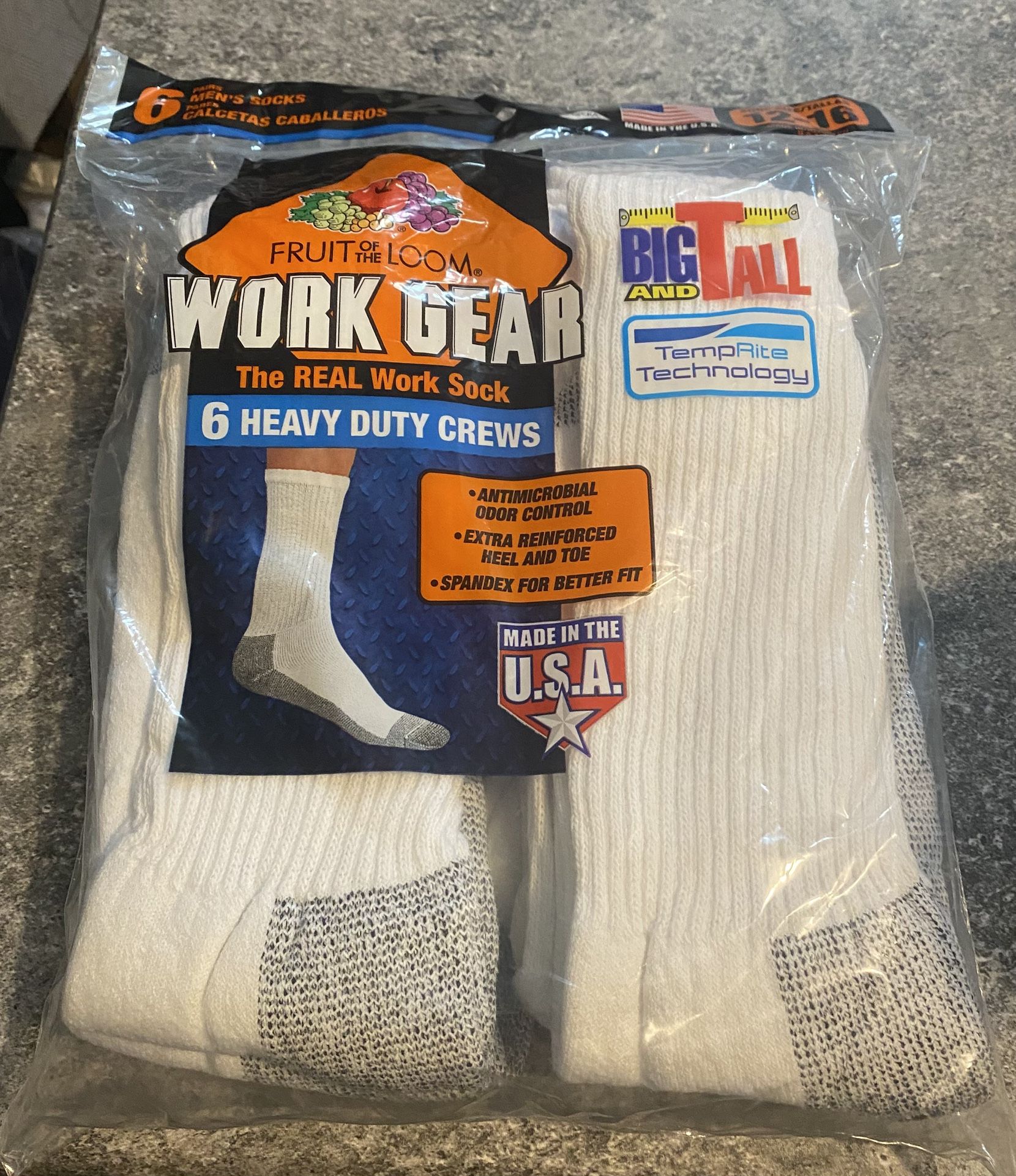 Men's Fruit Of The Loom 6 Pack Work Gear Boot Crew Socks Black Size 12-16, B & T