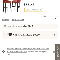 100$ set of 4 or each 30$*NEW* Red Faux Leather High Back Bar Stools (set of 4)