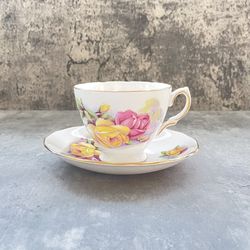Vtg Royal Kent Bone China Staffordshire England Teacup Sauce Set Floral Rose