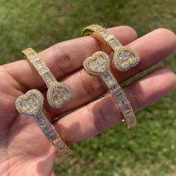 14k Gold Plated Women’s Men’s Baguette Iced Tennis Link Heart Bracelet Bangle Prong Bracelet 5mm