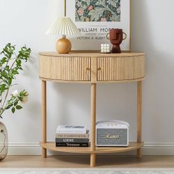 Fluted Half Moon Console Table, Modern Small Entry Table Sofa Table with Storage, Solid Wood Legs Narrow Entryway Table for Living Room, Hallway, Foye