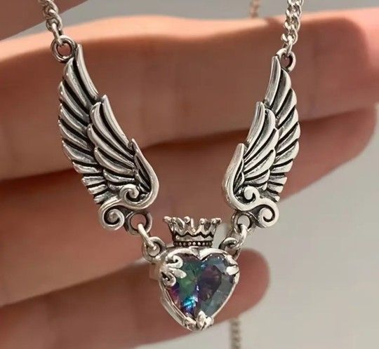 Unique Silver Tone Angel Wings Multi Colored Heart Necklace
