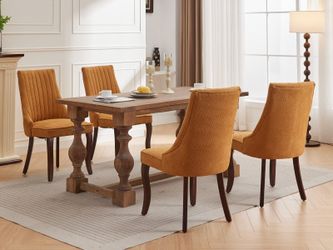 Rayon Cloth Flocking Linen Dining Chairs Channel Kitchen Dinner Chair Comfy Fabric Upholstered Accent Chair for Dining Room with Curved Solid Wood Leg