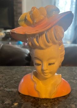 Vintage Thames Lady Head Vase Pink Hat Yellow Flowers