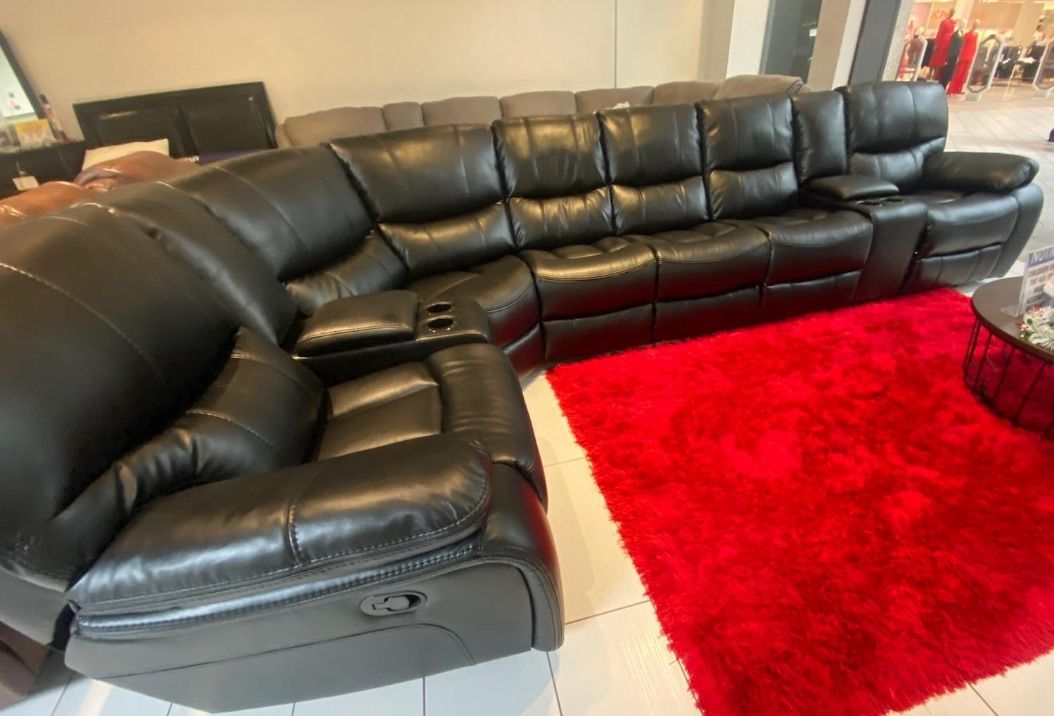 Going out of business sale. Madrid black leather reclining sectional now $1599. Easy finance option. Same day delivery.