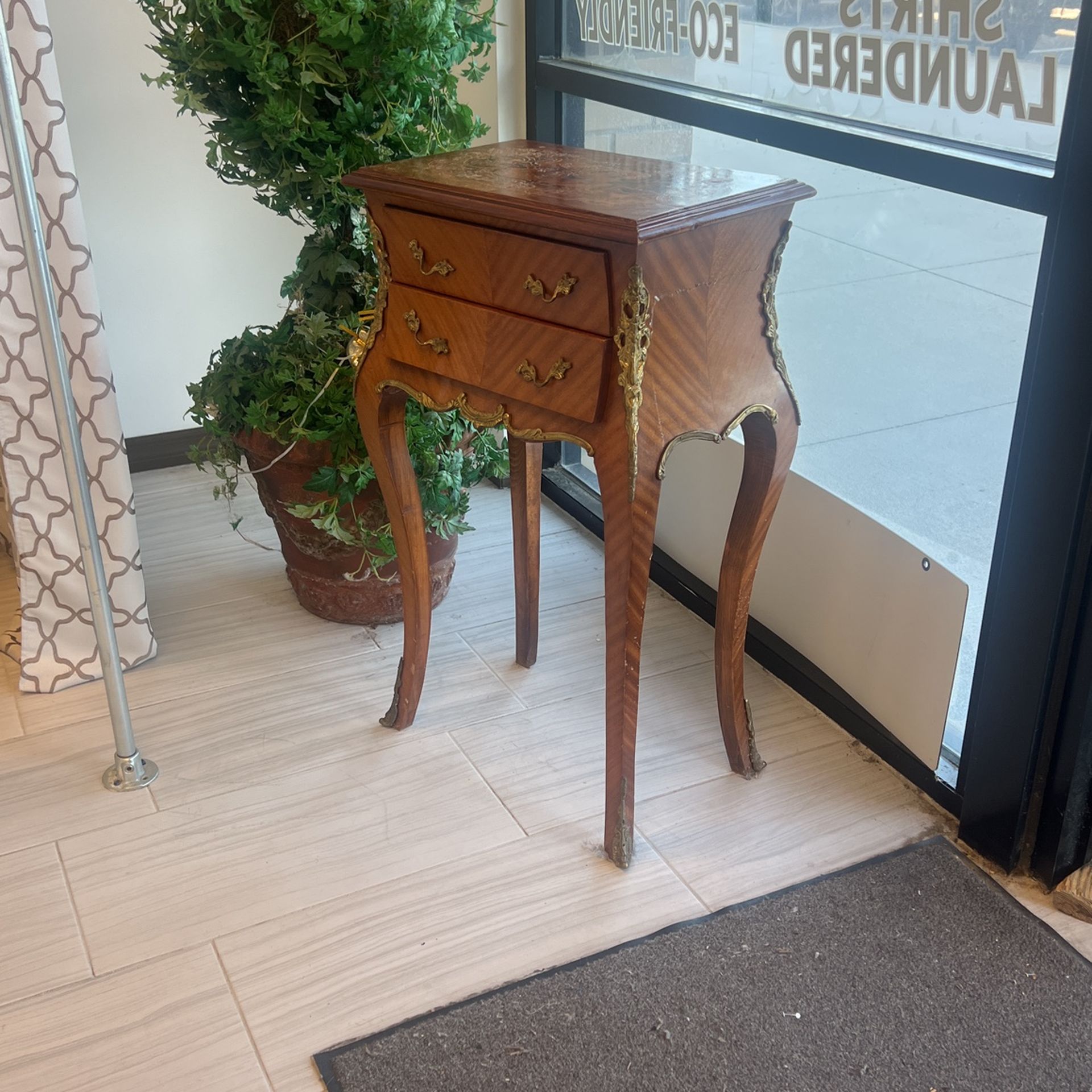 Antique Solid Wood and Brass Side Table