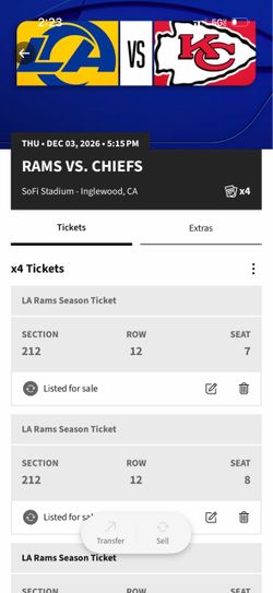 Rams vs Chiefs (12/03) - $360 each x4 seats available