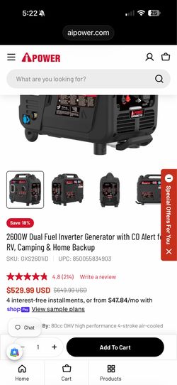 2600W Dual Fuel Inverter Generator with CO Alert for RV, Camping & Home Backup