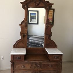 Eastlake Burled Walnut  And Marble Dresser