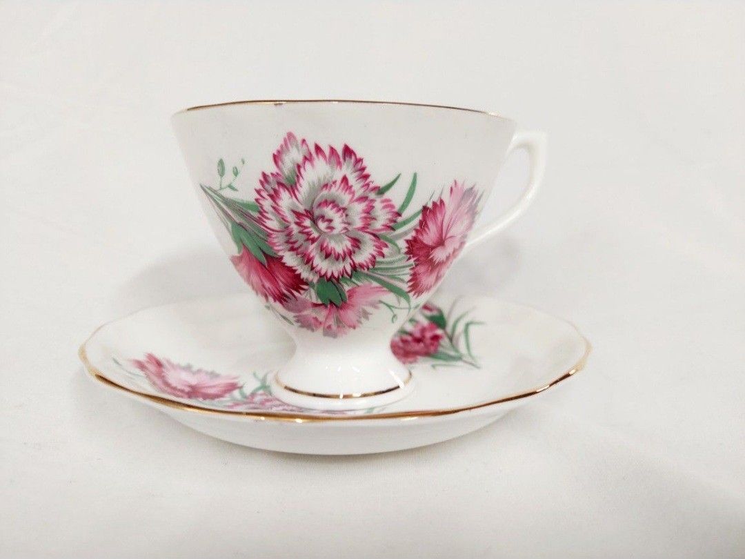 Vintage Queen Anne Carnation Fine Bone China Teacup And Saucer Duo