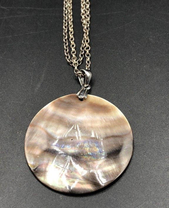 Antique Mother-of-pearl Shell Pendant And Silver Chain